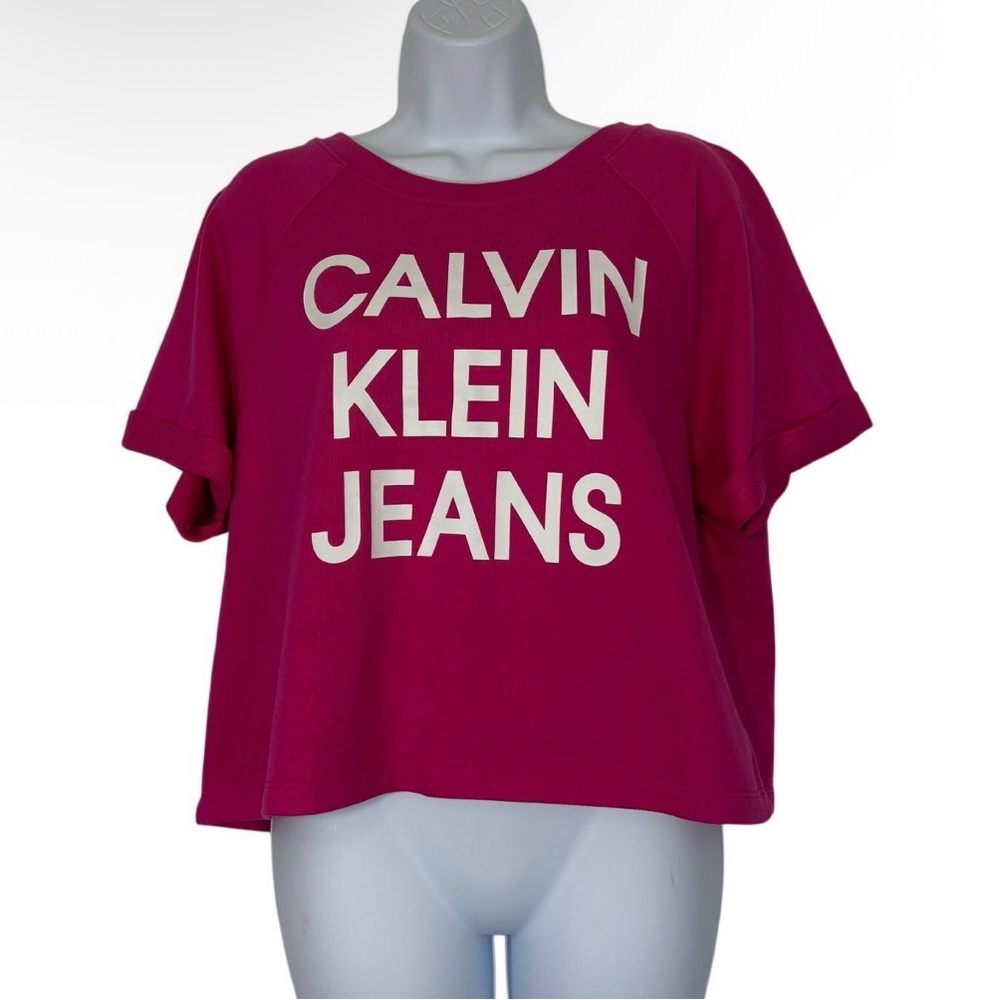 Calvin Klein Jeans Pink Logo Crop Sweatshirt Top Size L Short Sleeve